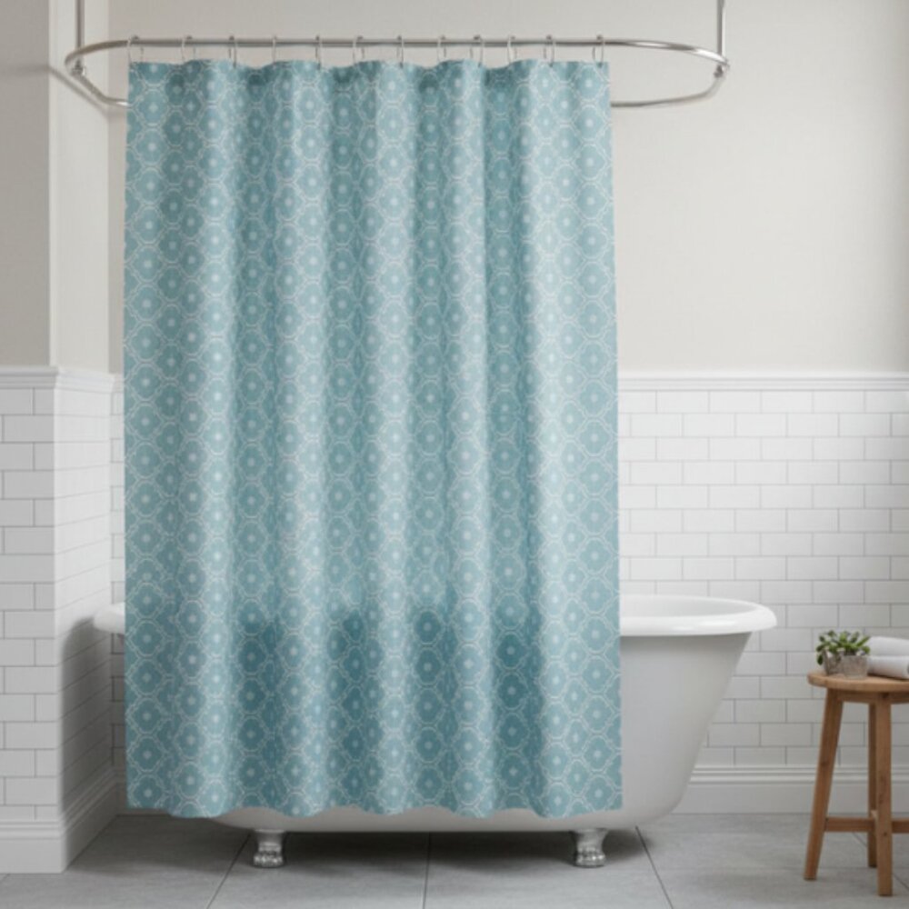 Comfort Bay 13-Piece Shower Liner Set – Teal Geometric Pattern w 12 Hooks, PEVA